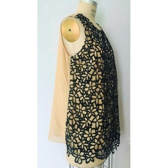 LELA ROSE BLACK BEIGE CUT-WORK FLORAL LACE SILK BLEND LONG TOP XL NWT - Picture 5 of 10